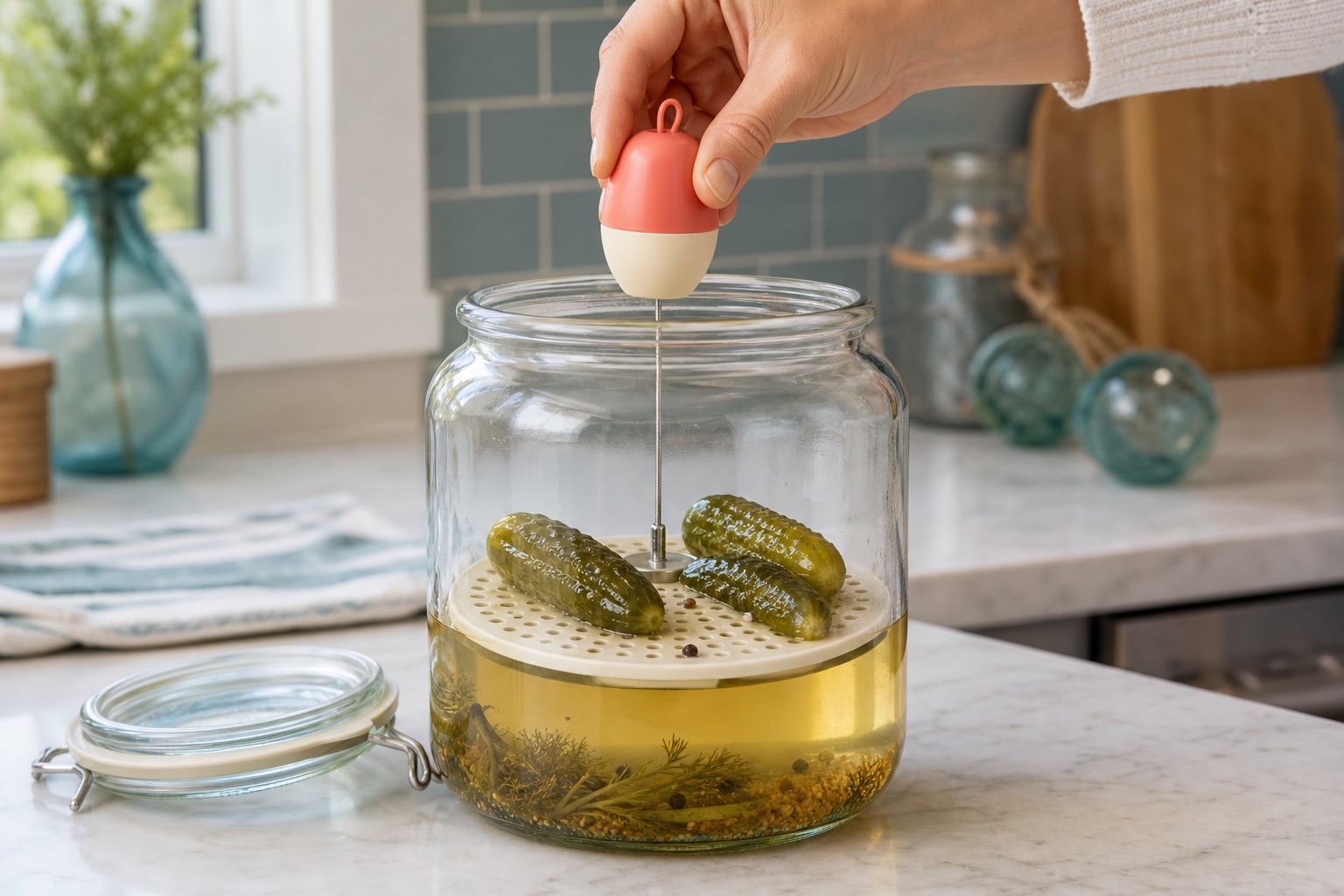 A hand pulling the Pickle Buoy to lift the last pickles toward the mouth of an open jar